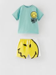 Yeni Sezon Erkek Çocuk Smile World Baskılı Alt-Üst Şortlu Takım