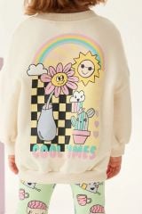 Yeni Sezon Kız Çocuk Baskılı Pamuklu Sweatshirt ve Fitilli Taytlı Alt-Üst Takım