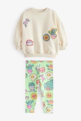 Yeni Sezon Kız Çocuk Baskılı Pamuklu Sweatshirt ve Fitilli Taytlı Alt-Üst Takım