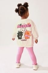 Yeni Sezon Kız Çocuk Baskılı Pamuklu Sweatshirt ve Fitilli Taytlı Alt-Üst İkili Takım