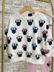 Yeni Sezon Kız Çocuk Minnie Mouse Baskılı Pamuklu Sweatshirt ve Fitilli Taytlı Alt-Üst Takım