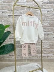 Yeni Sezon Kız Çocuk Miffy Detaylı Bej Pamuklu Sweatshirt ve Fitilli Taytlı Alt-Üst Ikili Takım