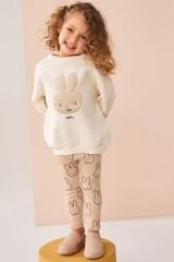 Yeni Sezon Kız Çocuk Miffy Detaylı Bej Pamuklu Sweatshirt ve Fitilli Taytlı Alt-Üst Ikili Takım