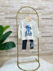Yeni Sezon Kız Çocuk Baskılı Pamuklu Sweatshirt ve Fitilli Taytlı Alt-Üst Ikili Takım