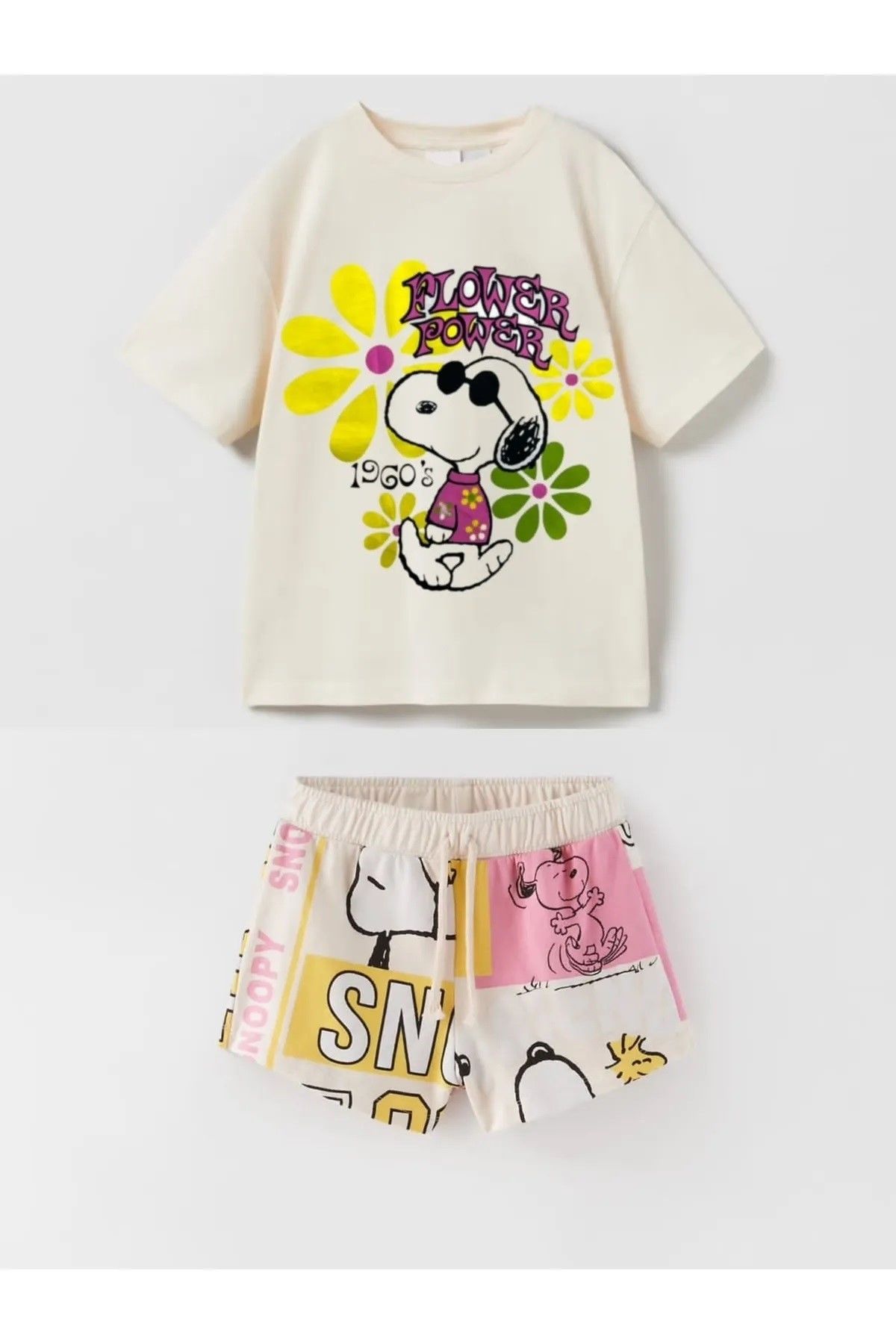 Yeni Sezon Kız Çocuk Peaunuts Snoopy Baskılı Yazlık Alt-Üst Şortlu Takım