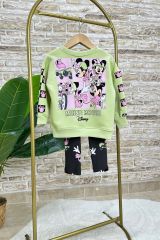 Yeni Sezon Kız Çocuk Minnie Mouse Baskılı Pamuklu Neon Renkli Alt-Üst Fitilli Taytlı Takım