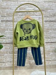 Yeni Sezon Erkek Çocuk Pamuklu Ayıcık Baskılı Sweatshirt ve Jogger Pantolonlu Alt-Üst Takım