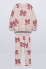 Yeni Sezon Kız Çocuk Pamuklu Kurdele Baskılı Sweatshirt ve Fitilli Taytlı Alt-Üst Takım