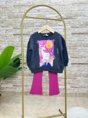 Yeni Sezon Kız Çocuk Unicorn Baskılı Pamuklu Sweatshirt ve Fitilli Taytlı Alt-Üst Takım