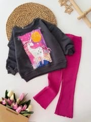 Yeni Sezon Kız Çocuk Unicorn Baskılı Pamuklu Sweatshirt ve Fitilli Taytlı Alt-Üst Takım