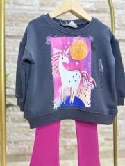 Yeni Sezon Kız Çocuk Unicorn Baskılı Pamuklu Sweatshirt ve Fitilli Taytlı Alt-Üst Takım