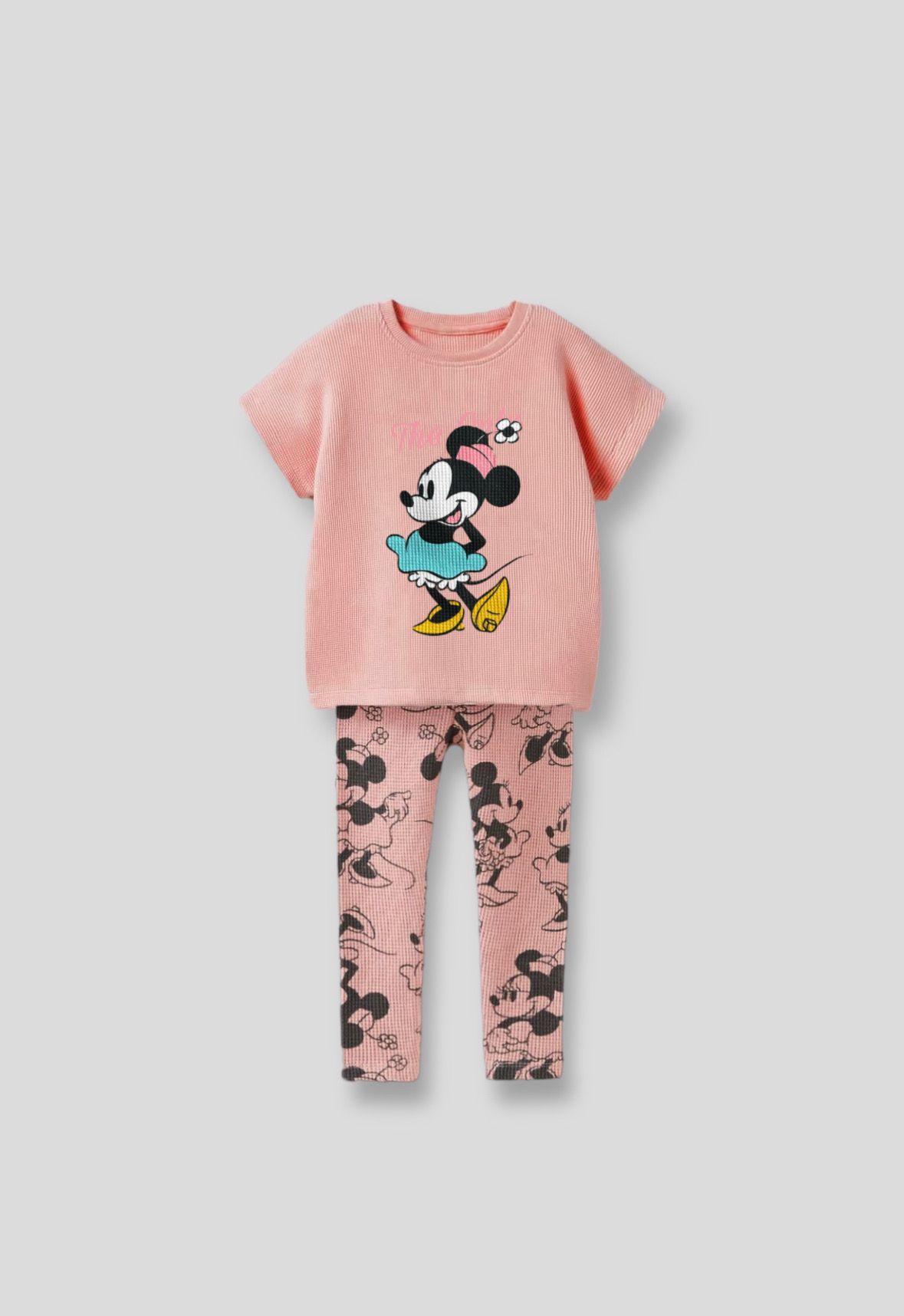 Yeni Sezon Kız Çocuk Minnie Mouse Baskılı Gofre Alt-Üst Takım