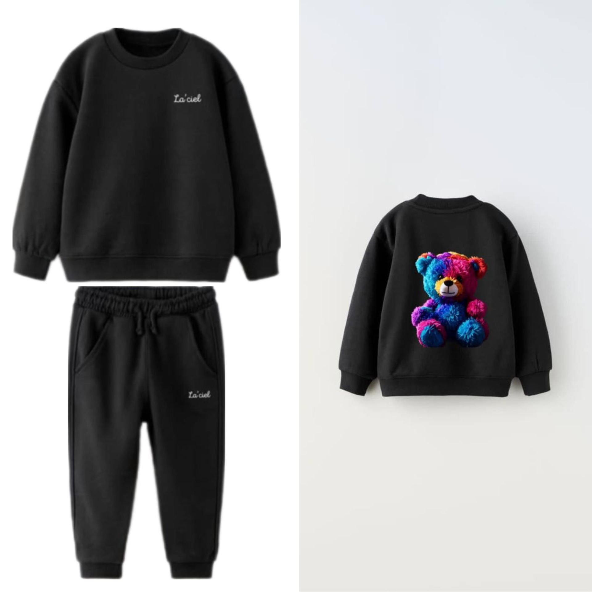 Yeni Sezon Unisex Çocuk Baskılı Şardonsuz Siyah Renk Alt-Üst Takım