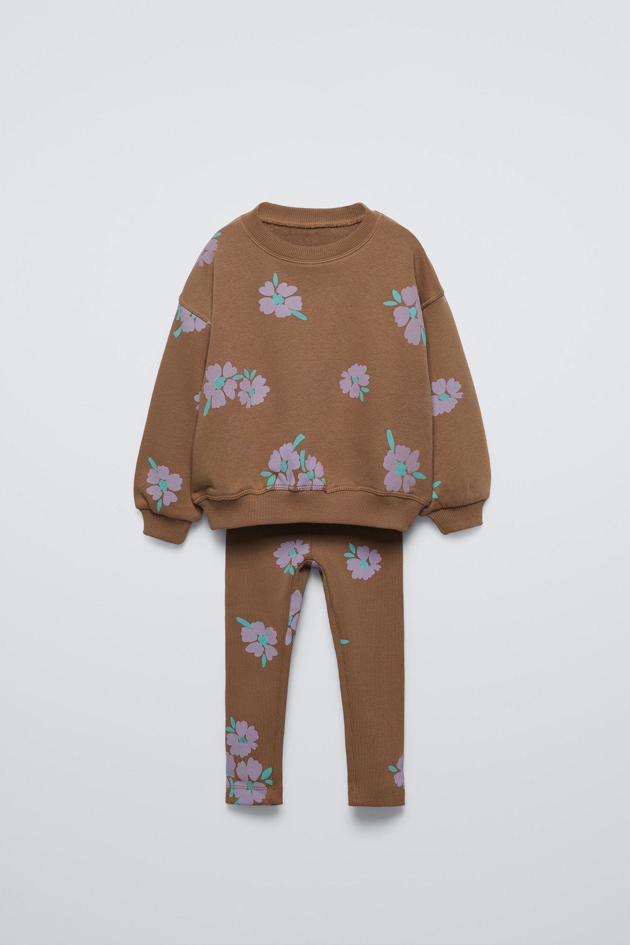 Yeni Sezon Kız Çocuk Pamuklu Çiçek Baskılı 3 İplik Şardonsuz Sweatshirt ve Fitilli Taytlı Takım