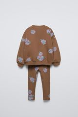 Yeni Sezon Kız Çocuk Pamuklu Çiçek Baskılı 3 İplik Şardonsuz Sweatshirt ve Fitilli Taytlı Takım