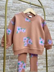 Yeni Sezon Kız Çocuk Pamuklu Çiçek Baskılı 3 İplik Şardonsuz Sweatshirt ve Fitilli Taytlı Takım