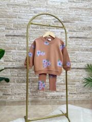 Yeni Sezon Kız Çocuk Pamuklu Çiçek Baskılı 3 İplik Şardonsuz Sweatshirt ve Fitilli Taytlı Takım