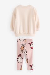 Yeni Sezon Kız Çocuk Yılbaşı Temalı Baskılı Pamuklu Sweatshirt ve Fitilli Taytlı Alt-Üst Takım