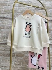 Yeni Sezon Kız Çocuk Yılbaşı Temalı Baskılı Pamuklu Sweatshirt ve Fitilli Taytlı Alt-Üst Takım