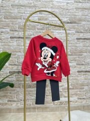 Yeni Sezon Kız Çocuk Minnie Mouse Baskılı Pamuklu 3 İplik Şardonsuz Fitilli Taytlı Alt-Üst Takım