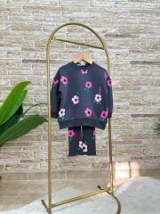 Yeni Sezon Kız Çocuk Çiçek Deseni Baskılı Pamuklu Sweatshirt ve Fitilli İspanyol Paça Taytlı Takım