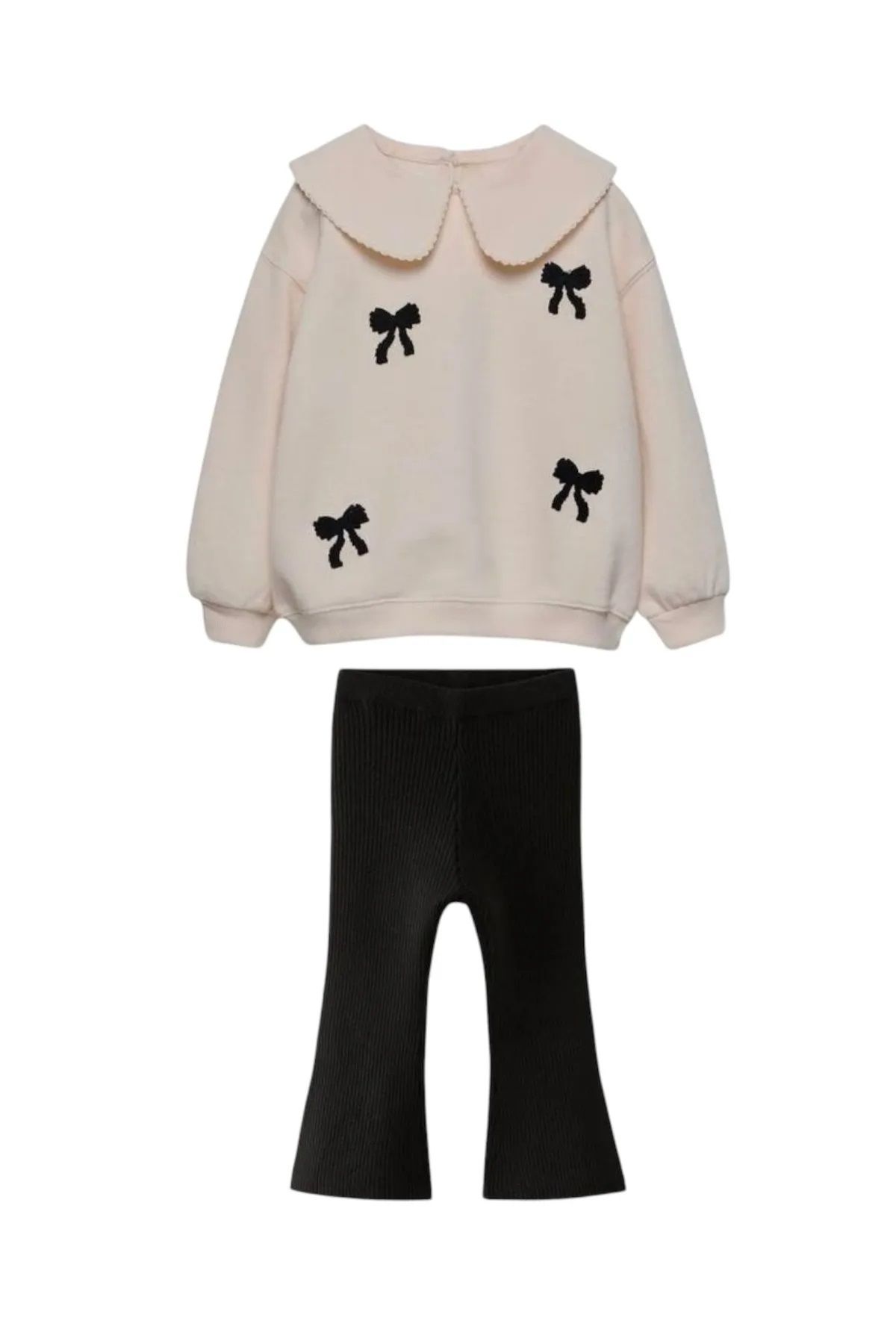 Yeni Sezon Kız Çocuk Fiyonk Baskılı Bebe Yaka Pamuklu Sweatshirt İspanyol Paça Fitilli Taytlı Takım
