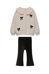 Yeni Sezon Kız Çocuk Fiyonk Baskılı Bebe Yaka Pamuklu Sweatshirt İspanyol Paça Fitilli Taytlı Takım