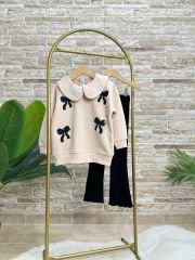 Yeni Sezon Kız Çocuk Fiyonk Baskılı Bebe Yaka Pamuklu Sweatshirt İspanyol Paça Fitilli Taytlı Takım