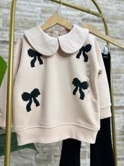Yeni Sezon Kız Çocuk Fiyonk Baskılı Bebe Yaka Pamuklu Sweatshirt İspanyol Paça Fitilli Taytlı Takım