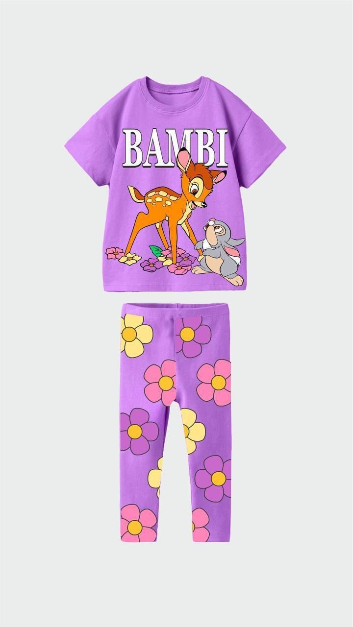 Yeni Sezon Kız Çocuk Bambi Baskılı Alt-Üst Taytlı Yazlık Takım