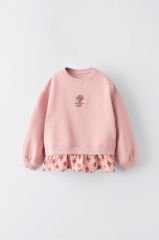 Yeni Sezon Kız Çocuk Çiçek Baskılı Pamuklu Sweatshirt ve İspanyol Paça Taytlı Alt-Üst Takım