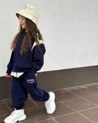 Yeni Sezon Unisex Çocuk Pamuklu Baskılı 3 İplik Şardonsuz Sweatshirt ve Eşofman Alt-Üst Takım