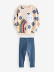 Yeni Sezon Kız Çocuk Gökkuşağı Detaylı Pamuklu 3 İplik Sweatshirt ve Fitilli Taytlı Takım