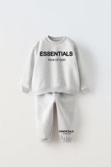 Yeni Sezon Unisex Çocuk Slogan Baskılı Gri Renk Pamuklu 3 İplik Şardonsuz Alt-Üst Takım