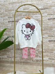 Yeni Sezon Kız Çocuk Hello Kity Baskılı Pamuklu Sweatshirt ve Fitilli Taytlı Takım
