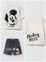 Yeni Sezon Erkek Çocuk Mickey Mouse Baskılı Yazlık Alt-Üst Şortlu İkili Takım