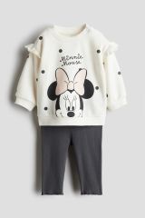 Yeni Sezon Kız Çocuk Minnie Mouse Baskılı Pamuklu Şardonsuz Taytlı 2'li Takım