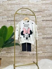 Yeni Sezon Kız Çocuk Minnie Mouse Baskılı Pamuklu Şardonsuz Taytlı 2'li Takım