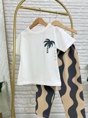 Yeni Sezon Erkek Çocuk Pamuklu Palmiye Palmiye Baskılı T-Shirt ve Jogger Eşofmanlı Alt-Üst Takım