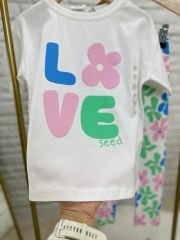 Yeni Sezon Kız Çocuk Pamuklu Çiçek Love Baskılı Alt-Üst T-Shirt ve Taytlı Takım