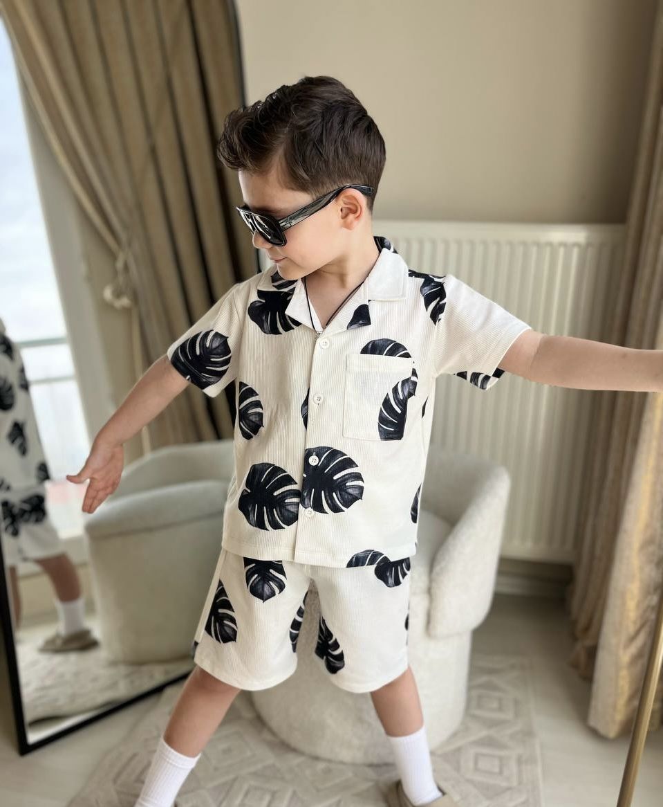 Yeni Sezon Erkek Çocuk Palmiye Baskılı Gofte Kumaş Gömlek Ve Şortlu Takım