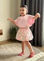 Yeni Sezon Kız Çocuk Pembe Renkli Çiçekli Balon Etekli İkili Takım