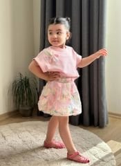 Yeni Sezon Kız Çocuk Pembe Renkli Çiçekli Balon Etekli İkili Takım