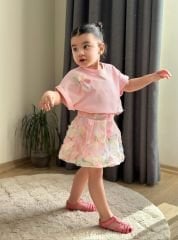 Yeni Sezon Kız Çocuk Pembe Renkli Çiçekli Balon Etekli İkili Takım