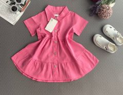 Yeni Sezon Kız Çocuk Pembe Renk Gömlek Yaka Denim Elbise