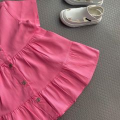 Yeni Sezon Kız Çocuk Pembe Renk Gömlek Yaka Denim Elbise