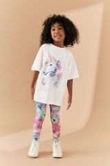 Yeni Sezon Kız Çocuk Bisiklet Yaka Unicorn Baskılı Alt-Üst Taytlı Takım