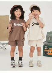 Yeni Sezon Unisex Çocuk Smile Baskılı Ekru Renk İkili Takım