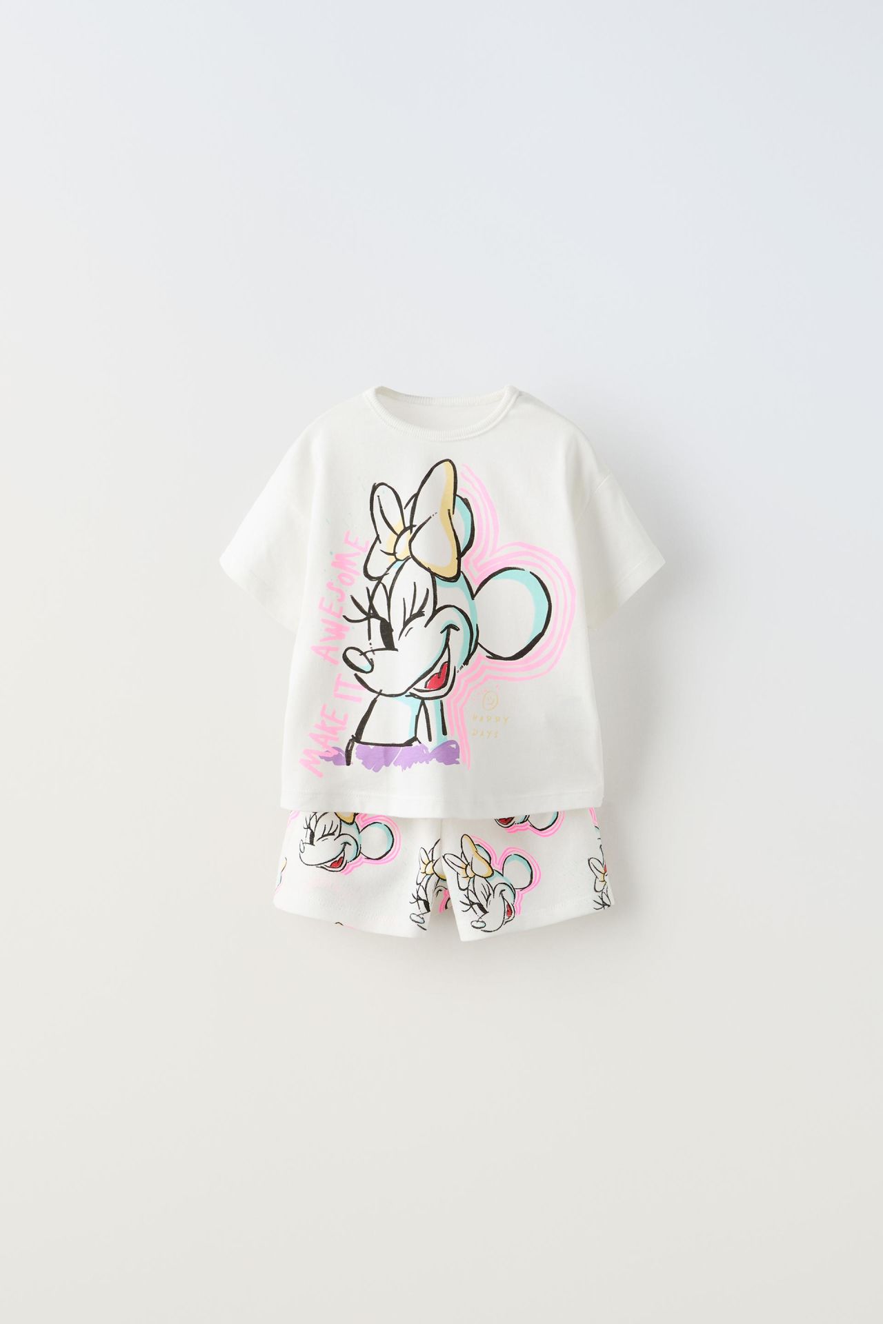 Yeni Sezon Kız Çocuk Minnie Mouse Baskılı Pamuklu Bisiklet Yaka Alt-Üst İkili Yazlık Takım
