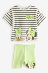 Yeni Sezon Kız Çocuk Minnie Mouse Baskılı Siyah Beyaz Çizgili T-Shirt ve Fitilli Şort Taytlı Alt-Üst Takım